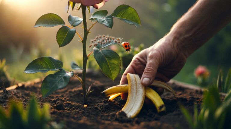 Illustration of banana peels being buried in garden soil to boost potassium and make plants less attractive to aphids