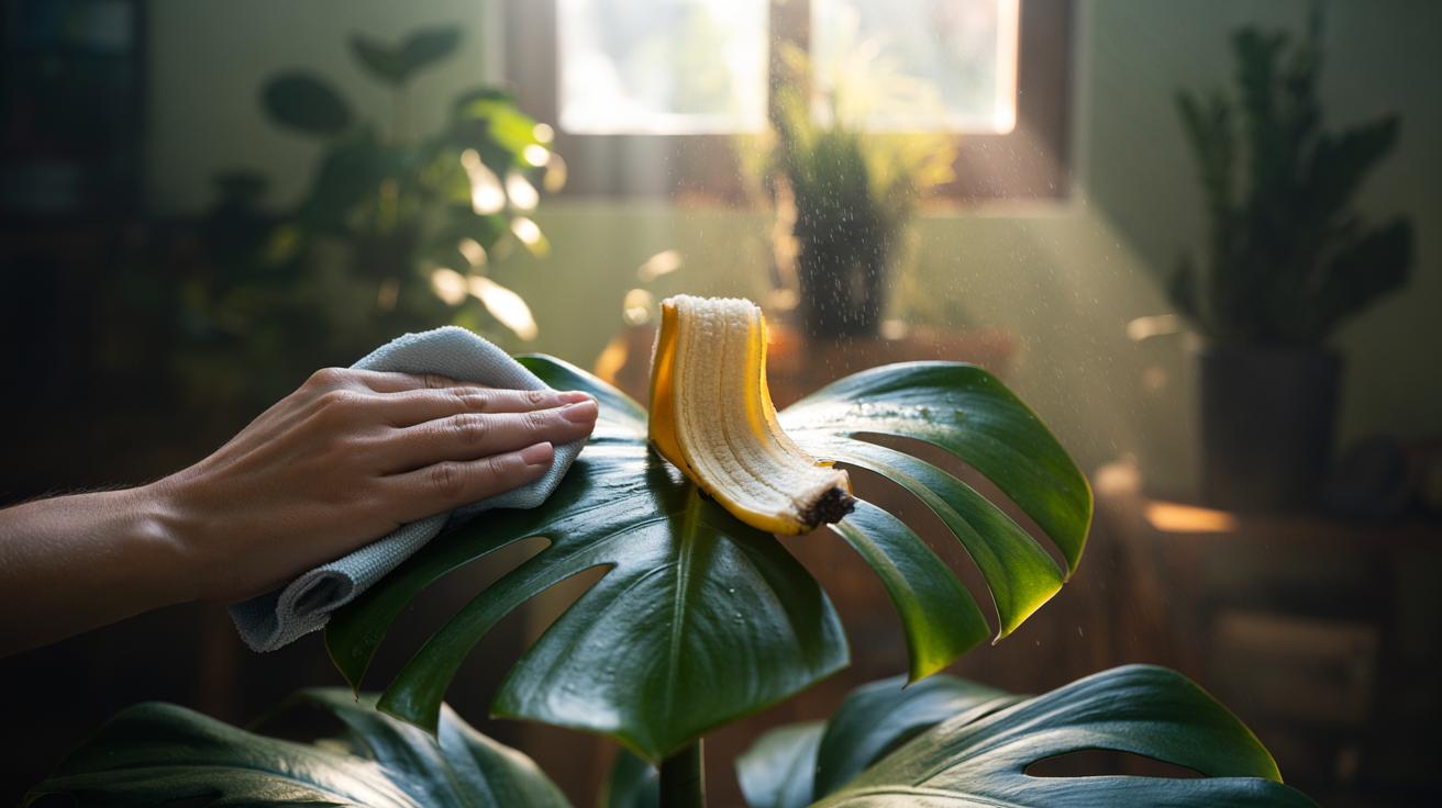 Illustration of a hand polishing a broad houseplant leaf with the inner side of a banana peel to restore natural shine