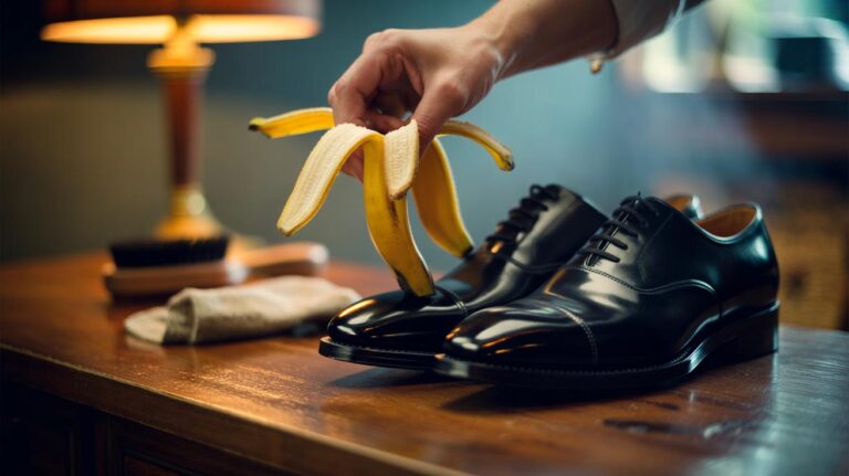 Illustration of a hand using a banana peel to polish smooth leather shoes, with natural oils conditioning the surface and creating a quick shine