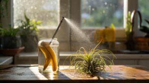 Illustration of banana peels soaking in a jar and diluted banana water being misted onto Tillandsia air plants for a vitamin and mineral boost