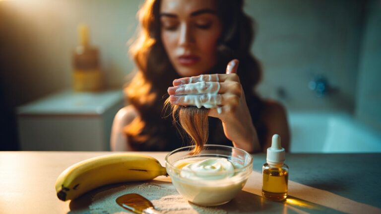 Illustration of a person applying a banana and yogurt hair mask to split ends, showing potassium helping to smooth and seal the cuticle