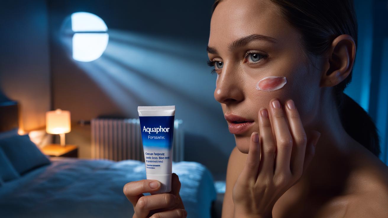 Illustration of a person applying a thin layer of Aquaphor to the face at night to seal in moisture and treat dry patches