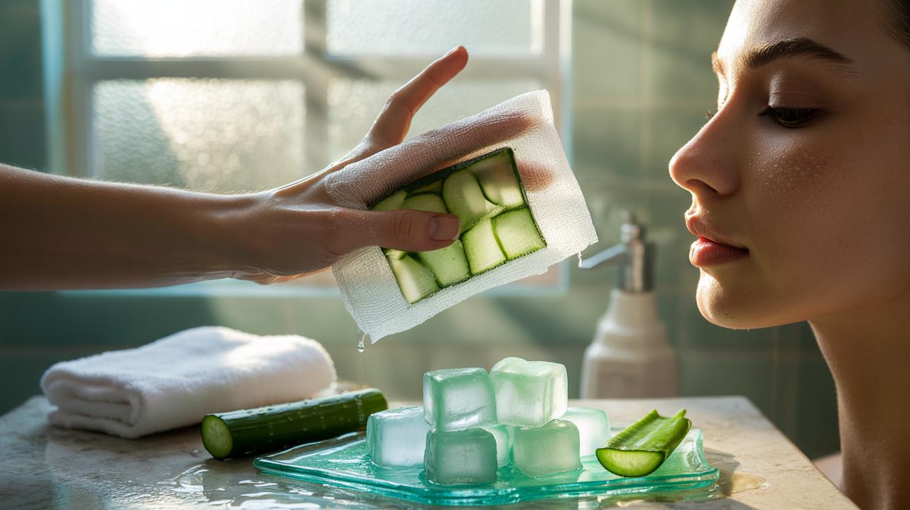 Illustration of a person gliding a frozen cucumber and aloe cube over the cheek during a morning skincare routine