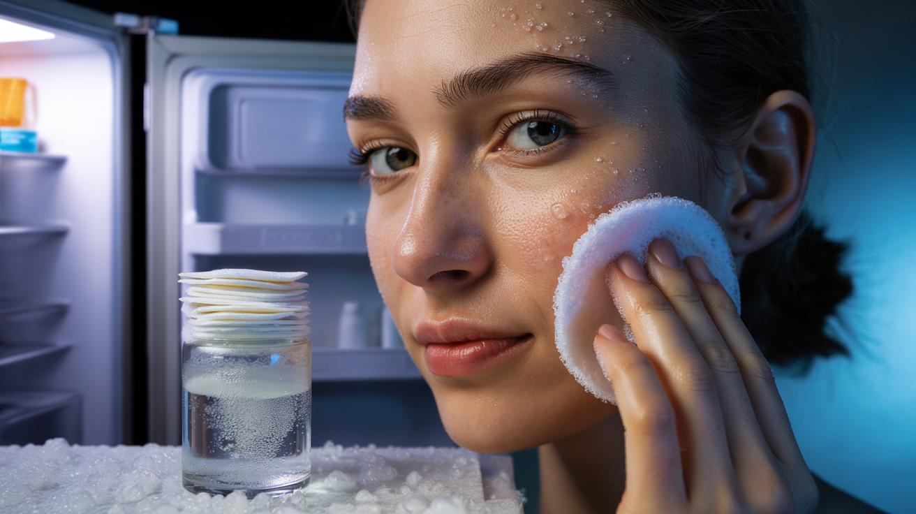 Illustration of frozen micellar-water-soaked cotton pads being applied to acne-prone skin for instant soothing