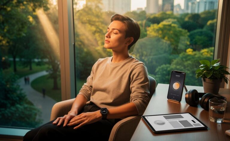 Illustration of AI-guided microbreaks, biofeedback breathwork, urban forest bathing, and quiet tech practices for stress relief in 2026