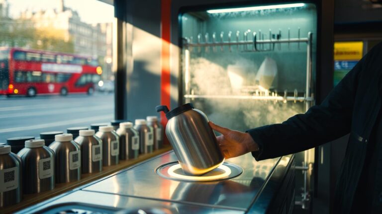 Illustration of UK reuse and refill systems using returnable containers, deposit returns, and centralized washing hubs to reduce waste