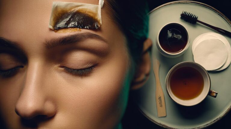 Illustration of a person pressing a warm black tea bag onto their eyebrows to gently darken brow hairs with tannins