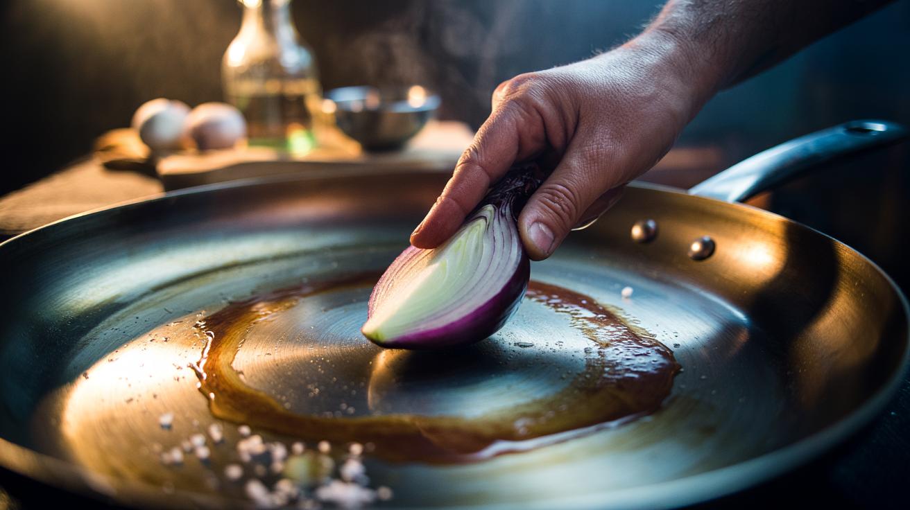 Illustration of an onion slice being rubbed over a stained stainless-steel pan to lift burnt-on residue
