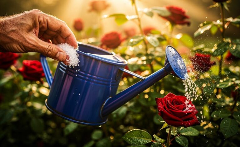 Illustration of applying Epsom salt (magnesium sulphate) to flowering plants to promote bloom