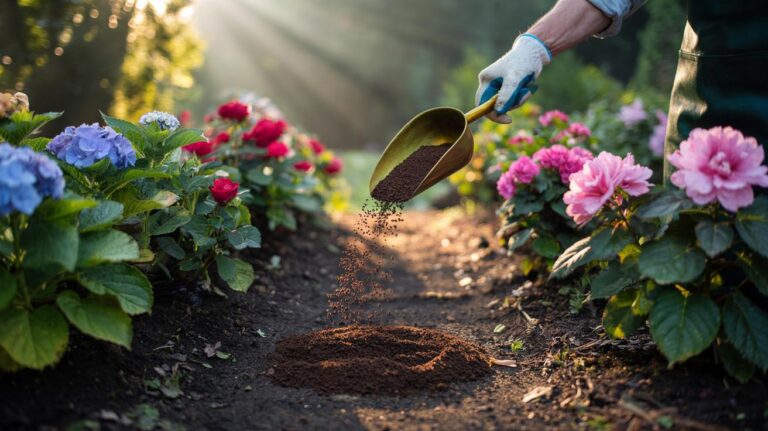 Illustration of coffee grounds being applied as a light mulch around flowering plants to enrich soil and intensify bloom colour