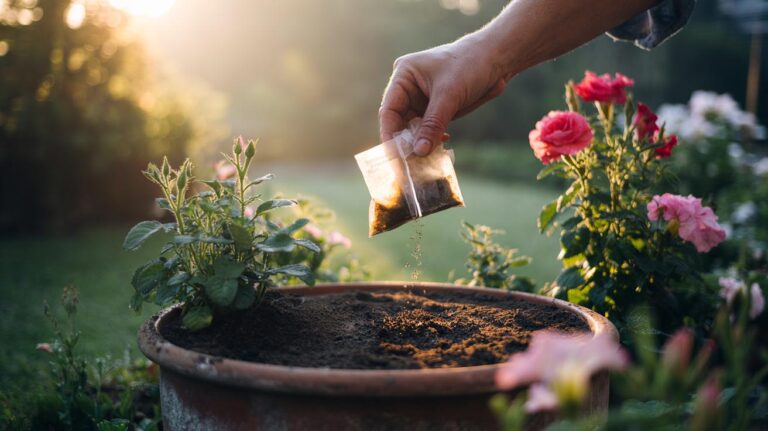 Illustration of used tea bags added to soil around flowering plants