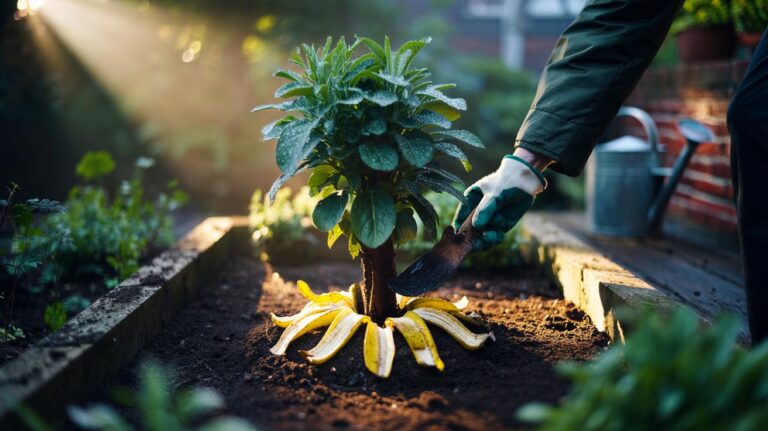 Illustration of banana peels being incorporated into garden soil to boost plant growth