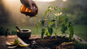 Illustration of banana peels being prepared and applied to garden soil to enrich nutrients and support plant growth