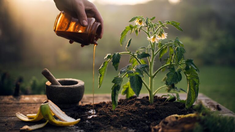 Illustration of banana peels being prepared and applied to garden soil to enrich nutrients and support plant growth