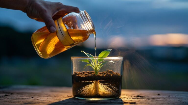 Illustration of a banana peel being applied as a natural fertiliser around plant roots to boost growth overnight