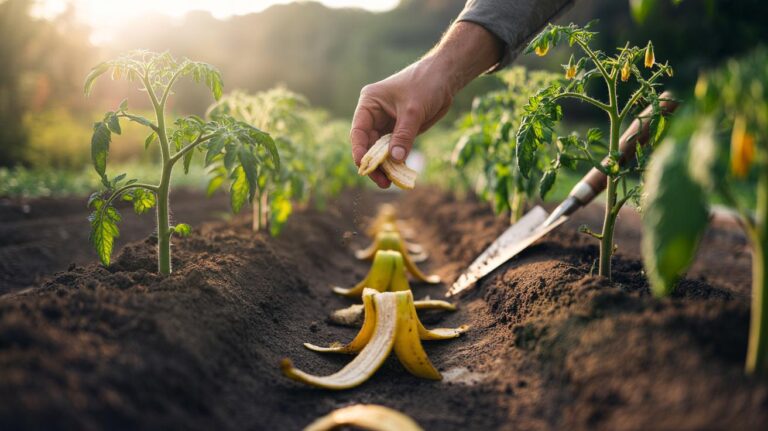 Illustration of chopped banana peels being added to garden soil to improve nutrient absorption and boost plant growth