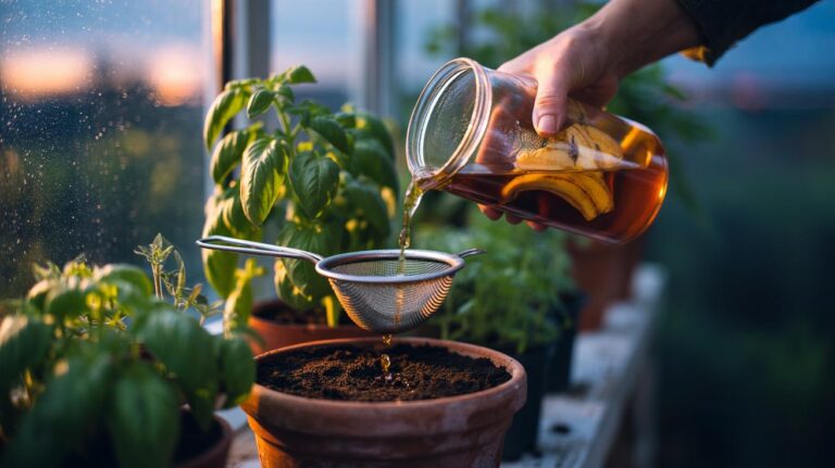 Illustration of banana peel tea being applied to potted plants at dusk to boost overnight turgor and growth