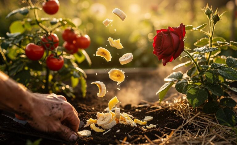Illustration of banana peels prepared and applied as organic fertiliser to support plant growth