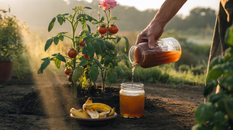 Illustration of banana peels steeping in water and the resulting tea being poured at the base of tomato and rose plants for a fast, organic potassium boost.