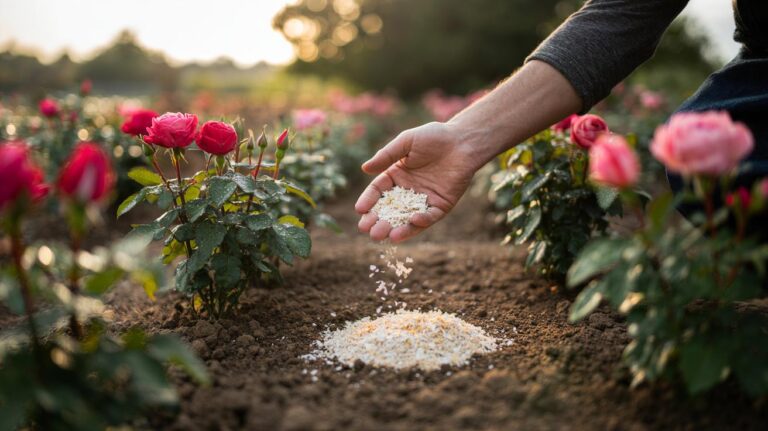 Illustration of crushed eggshells being applied to the soil around rose bushes to provide slow-release calcium for stronger blooms