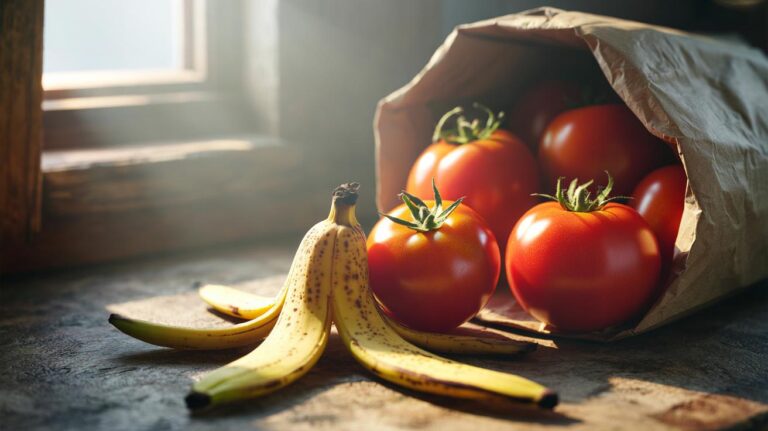Illustration of tomatoes ripening alongside a banana peel that releases ethylene to boost flavor