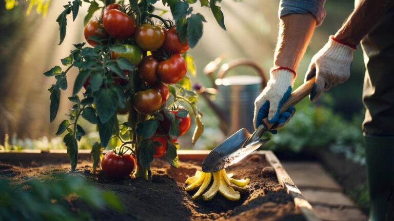 Illustration of banana peels being used as an organic booster around tomato plants to increase fruit size and yield