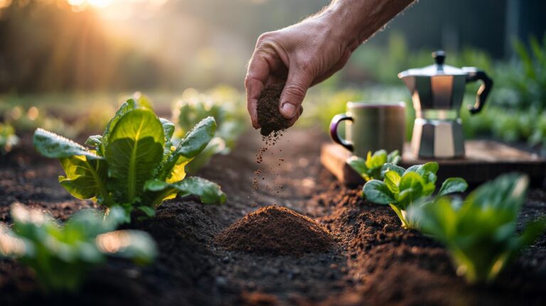 Illustration of used coffee grounds being sprinkled as a thin top-dressing around leafy plants to stimulate faster leaf development