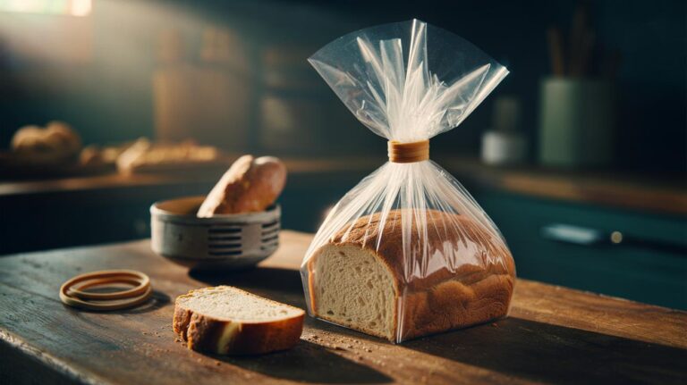Illustration of a loaf of bread in a folded bag secured with a rubber band to extend freshness