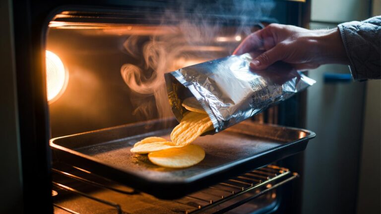 Illustration of soggy chips being revived with a foil pouch and a 10-second oven flash on a preheated baking tray
