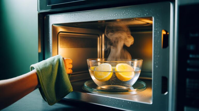 Illustration of a microwave with a bowl of lemon and water producing steam to loosen food splatters for easy cleaning