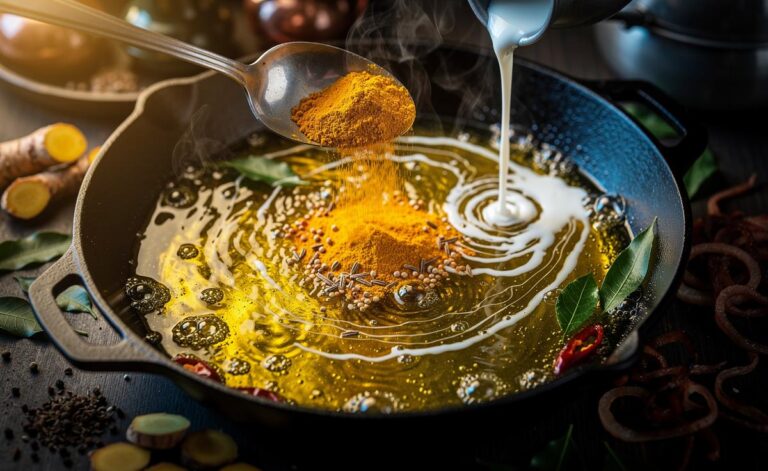 Illustration of turmeric blooming in hot oil to brighten a curry and make flavors pop instantly
