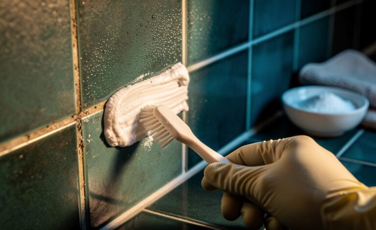 Illustration of baking soda paste being applied to tile grout lines to restore grout colour in about 10 minutes