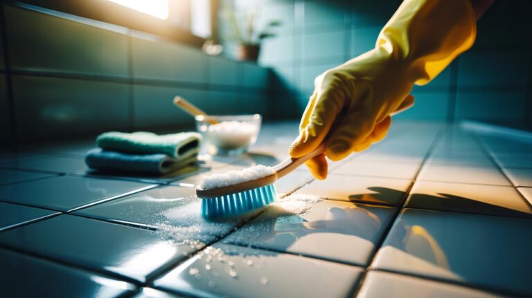 Illustration of brightening tile grout with table salt to restore whiteness in two minutes