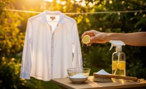 Illustration of lemon juice used on white fabrics to lift stains and brighten whites