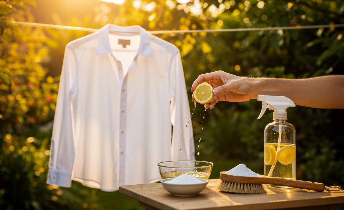 Illustration of lemon juice used on white fabrics to lift stains and brighten whites