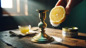 Illustration of lemon juice and salt being used to polish tarnished brass decor, revealing a bright, gleaming finish