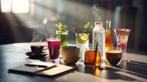 Illustration of an assortment of caffeine-free energy-boosting drinks—beetroot juice, peppermint infusion, ginseng decoction, chia fresca, water kefir, and apple cider vinegar tonic—positioned as alternatives to coffee