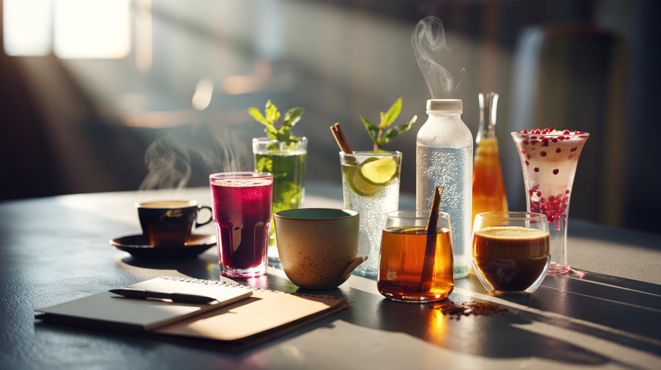 Illustration of an assortment of caffeine-free energy-boosting drinks—beetroot juice, peppermint infusion, ginseng decoction, chia fresca, water kefir, and apple cider vinegar tonic—positioned as alternatives to coffee