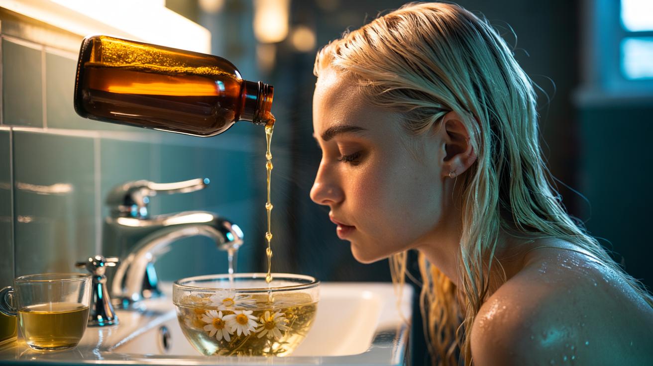 Illustration of chamomile tea and apple cider vinegar hair rinse applied to blonde hair to reduce brassiness and create an icy look