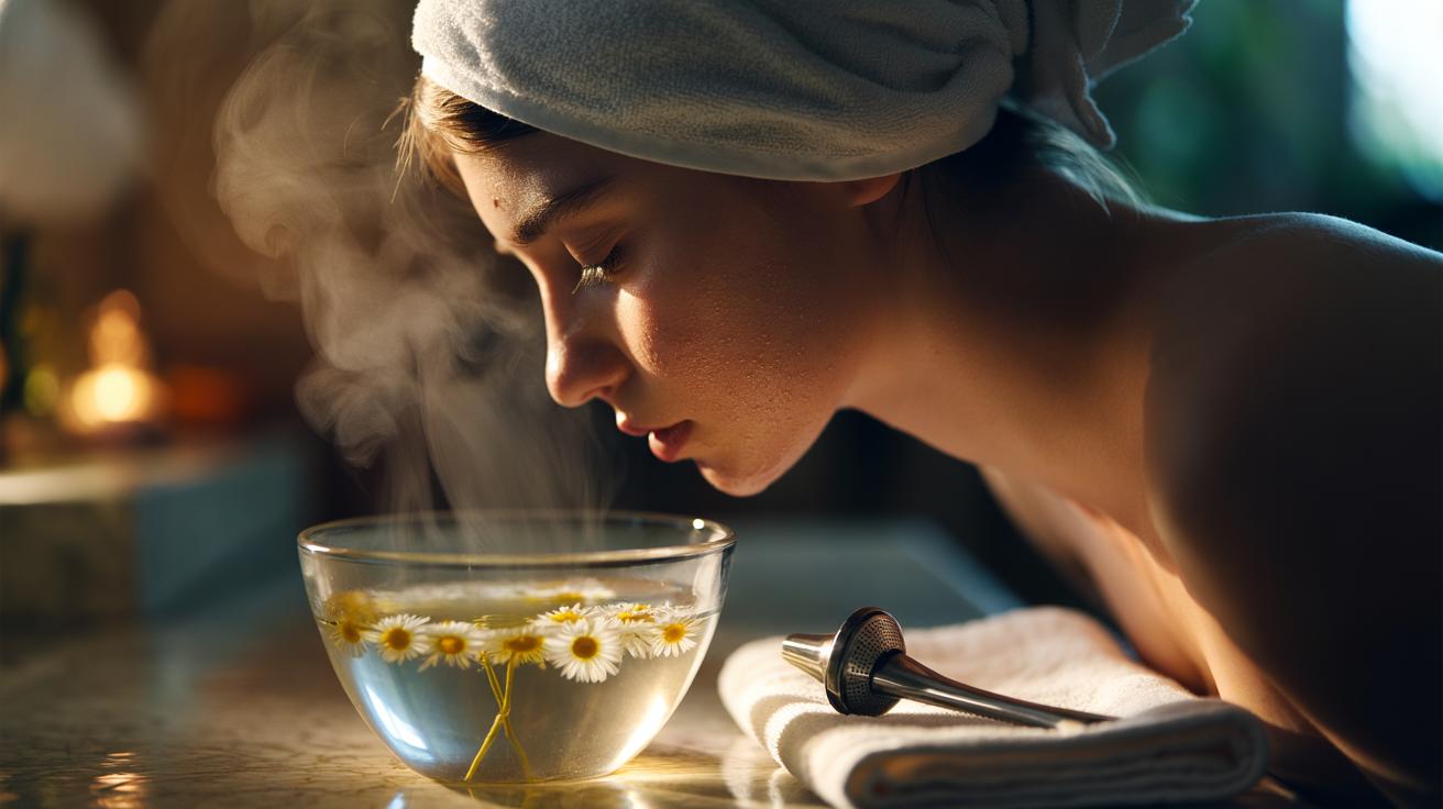 Illustration of a person leaning over a bowl of chamomile steam under a towel, preparing skin for gentle blackhead extraction