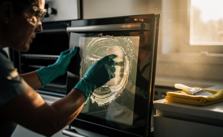 Illustration of a person wearing gloves and eye protection applying cold oven cleaner to carbonised grease on a cooled oven door, with an open window, microfibre cloth, and plastic scraper nearby