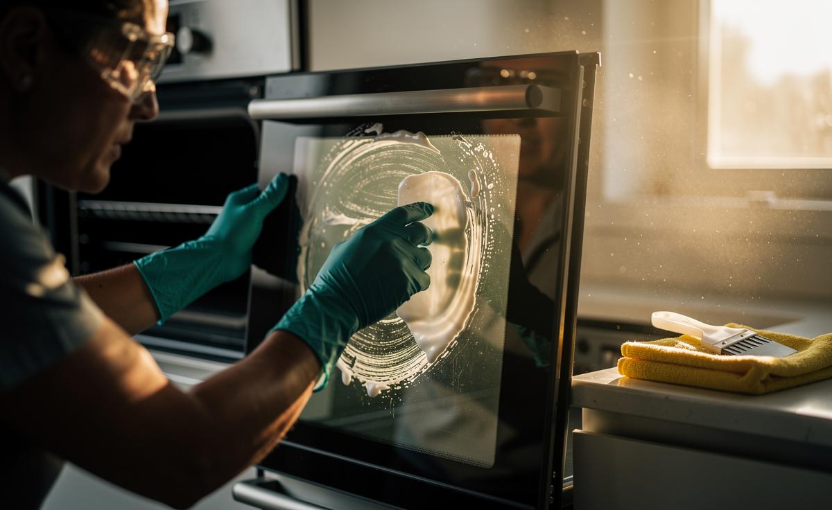Illustration of a person wearing gloves and eye protection applying cold oven cleaner to carbonised grease on a cooled oven door, with an open window, microfibre cloth, and plastic scraper nearby