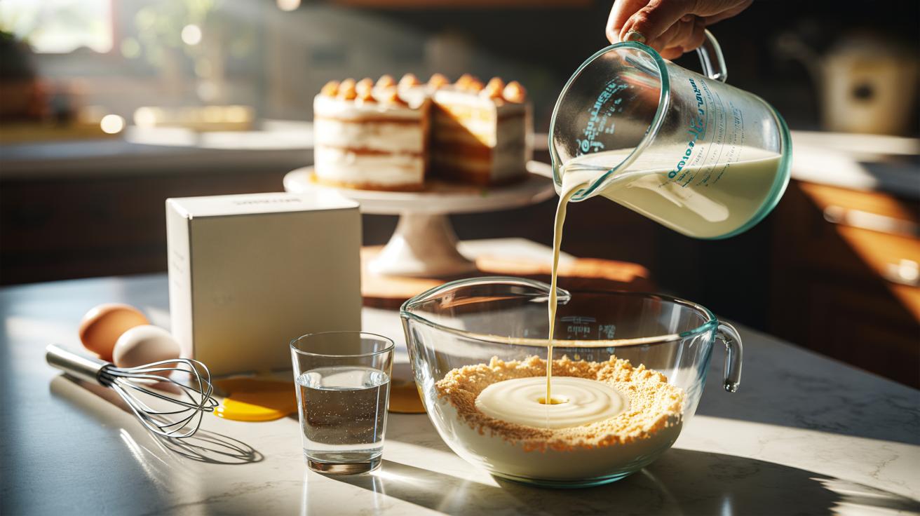Illustration of swapping water for buttermilk in a boxed cake mix to create a luxury bakery-style cake.