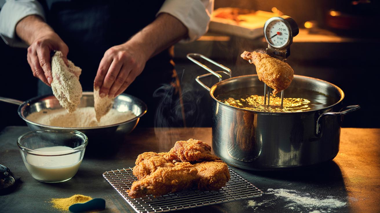 Illustration of chefs demonstrating the three-step method for perfectly crispy fried chicken