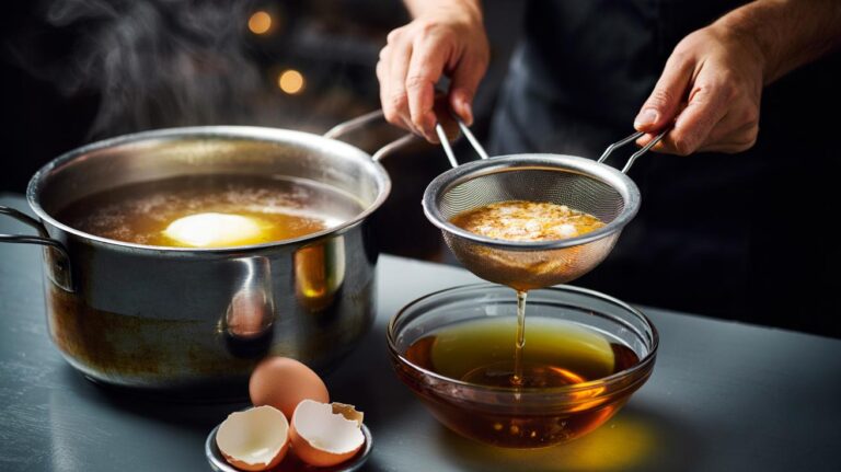 Illustration of crushed eggshells and an egg white raft clarifying cloudy broth into a clear soup