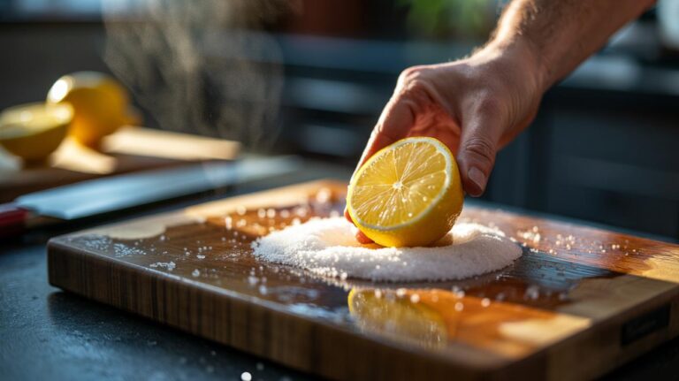 Illustration of cleaning a cutting board with coarse salt to draw out bacteria quickly
