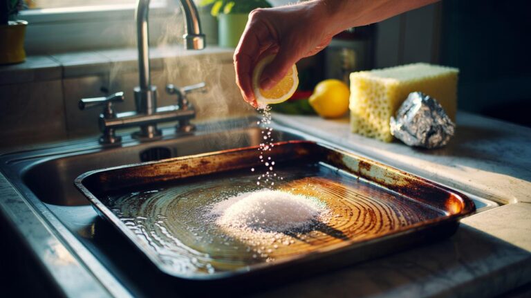Illustration of cleaning a baking tray with salt to remove grease and grime