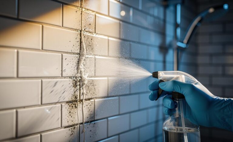 Illustration of white distilled vinegar being sprayed onto bathroom tiles and grout to break down mould in 10 minutes