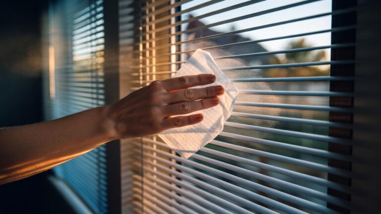 Illustration of a hand cleaning window blind slats with a dryer sheet to remove dust in 30 seconds