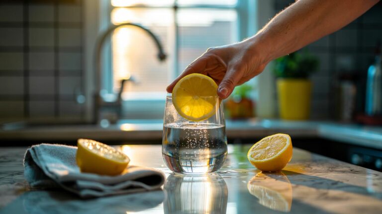 Illustration of cleaning a cloudy drinking glass with a cut lemon to dissolve limescale and restore crystal clarity in minutes